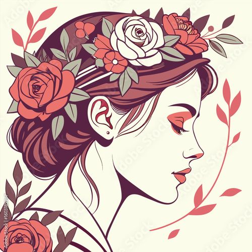 A captivating illustration showcases the glamour of a woman's face adorned with an elegant floral design, blending fashion and nature in a beautiful spring silhouette