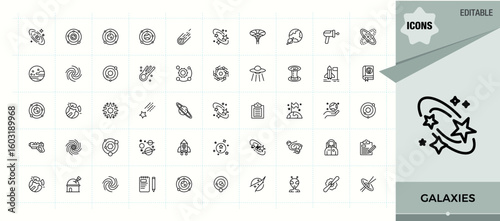 Galaxies icon set in linear style. Space icon. Collection for mobile and web apps. Containing astronomy, universe, cosmos, solar, planet, ship and more. Vector collections.