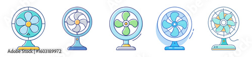 Oscillating Table Fans Set – Cooling Appliance Icons in Pastel Style

