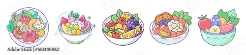 Colorful Fruit Bowls Illustration Set – Fresh and Vibrant Mix


