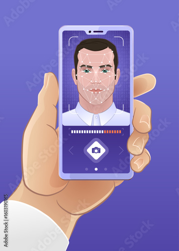 Biometric Facial Recognition. A smartphone held in a man's hand with a screen displays a portrait with biometric recognition data. A vector graphic themed around personal security technology.