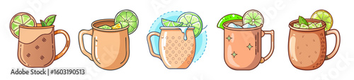 Set of Moscow Mule and Copper Mug Cocktails with Lime

