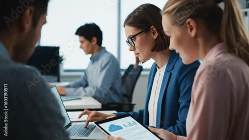 Focused businesswoman typing on laptop in a modern office, colleagues work nearby