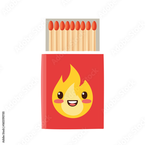 Matchbox with flaming smile in kawaii-style vector illustration