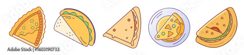 Delicious Fast Food Icons – Tacos, Pizza Slices, Wraps & Quesadillas Collection