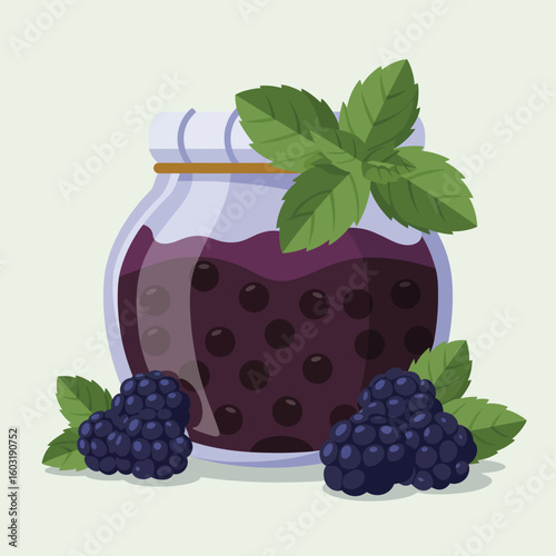 Glass jar filled with blackberry jam and fresh berries