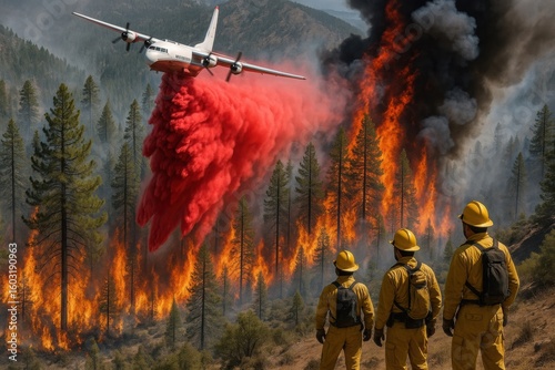 A firefighting plane drops red retardant on a wildfire while firefighters observe the flames.