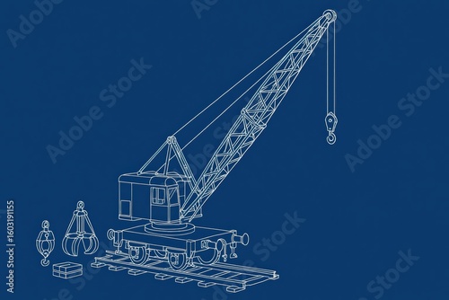 Blueprint illustration of a crane with accessories on a blue background.