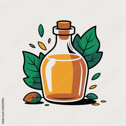 Glass bottle of golden essential oil with green leaves and seeds