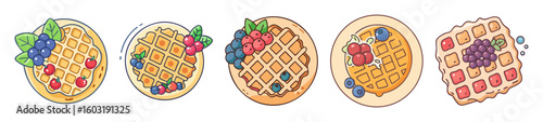 Delicious Waffles with Fruits and Berries - Breakfast Vector Set