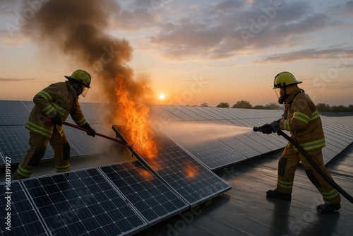 Firefighters extinguishing flames on solar panels during sunset.