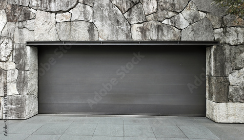 A large white metal car garage door on a brick house. The modern luxury automotive building has a grey concrete driveway entrance.
