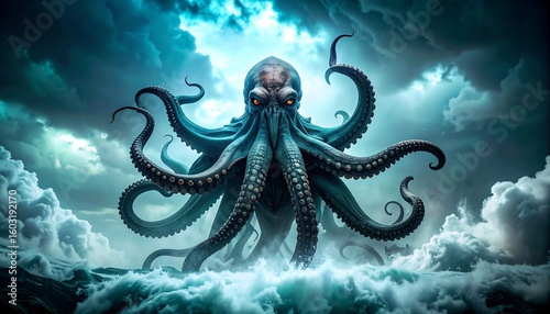 Kraken rising from stormy sea