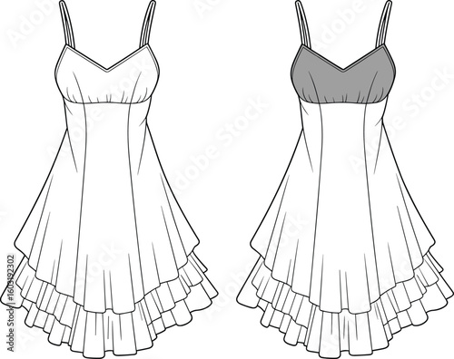 Flirty Tiered Dress Illustration, Elegant Summer Fashion Design, Boho Chic Concept