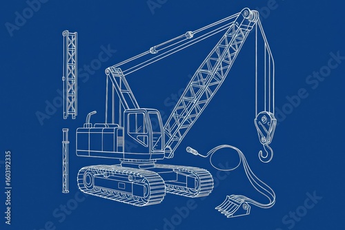 Technical illustration of a crane with components on a blue background.
