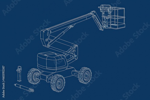 Technical illustration of a mobile lifting platform with accessories on a blue background.