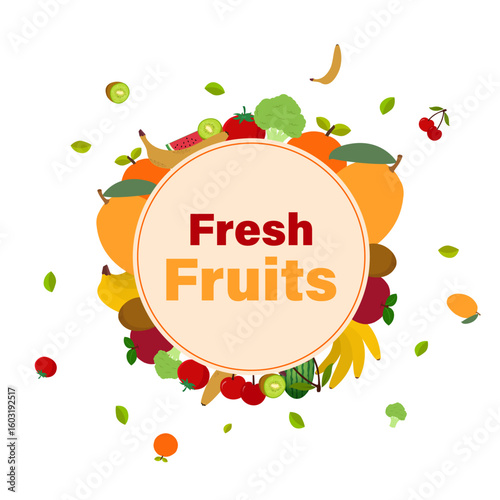Colorful fruit and veggie wreath with green leaves and bold “Fresh Fruits” title in center. Health, freshness, nutrition, and natural food theme for labels or food promotions.