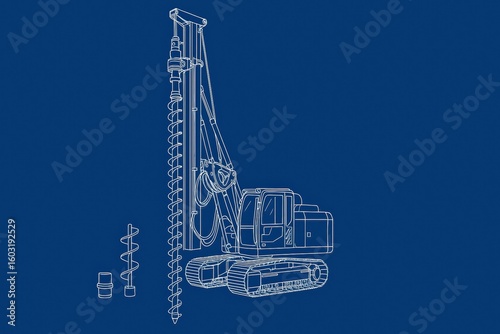 Vector illustration of an excavator with drilling equipment on a blue background.