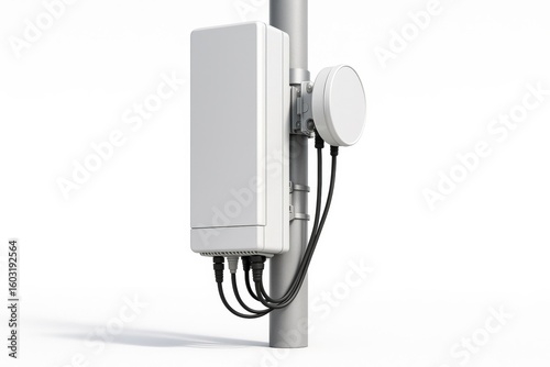 Wireless communication equipment mounted on a pole with an antenna and cables.