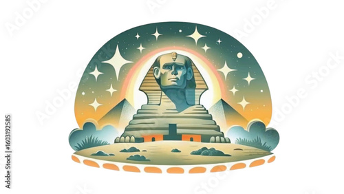 Illustration of the Sphinx with pyramids under a starry sky  