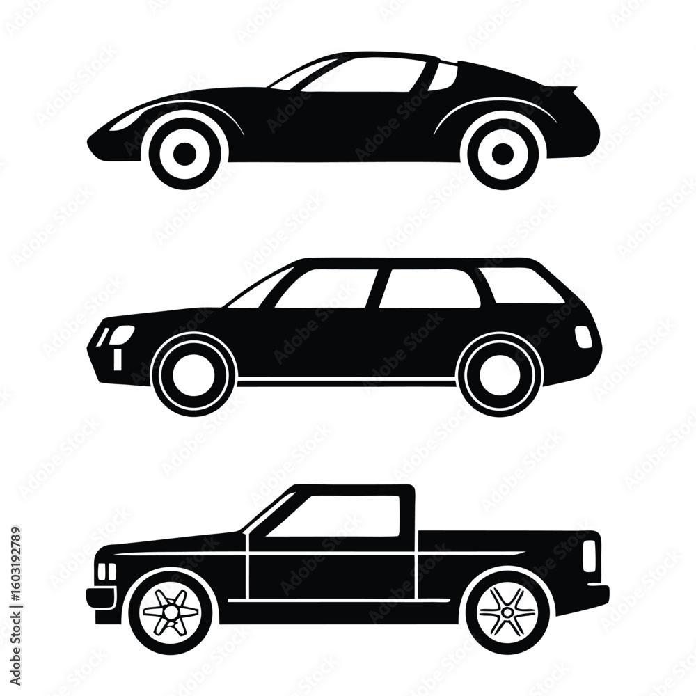 Fototapeta premium Set of car vector illustrations featuring diverse auto, automobile, vehicle, and transport designs, from classic to luxury sports models, with detailed wheels and iconic silhouettes
