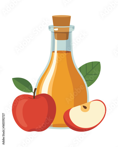 Apple cider vinegar bottle with fresh apples and leaves