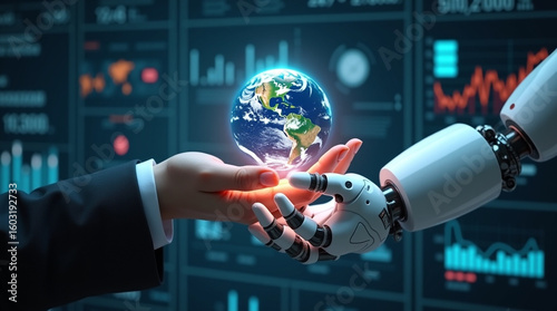 Human Hand and Robot Supporting Digital Earth Sphere