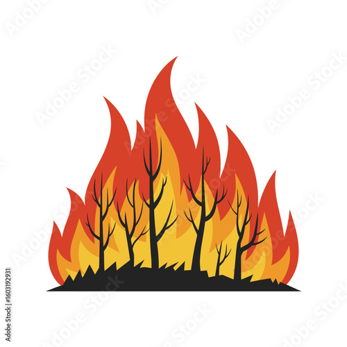 Forest fire illustration with burning trees and flames