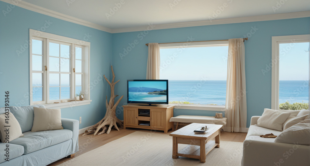 Beautiful coastal living room with light blue walls and ocean view in a serene, airy space Beautiful coastal living room with light blue walls and ocean view in a serene, airy space