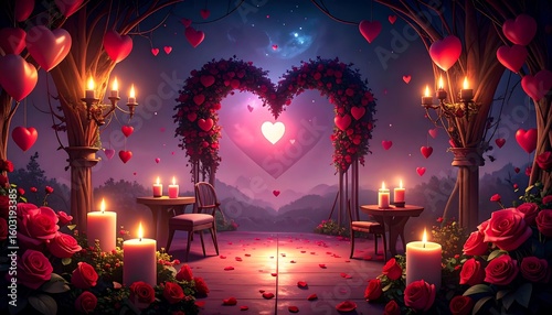 Fototapeta Naklejka Na Ścianę i Meble -  Romantic heart-shaped archway bathed in candlelight, strewn with roses and hearts