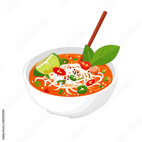 Colorful Thai Noodle Soup In White Bowl With Lime, Chili Peppers, And Herbs