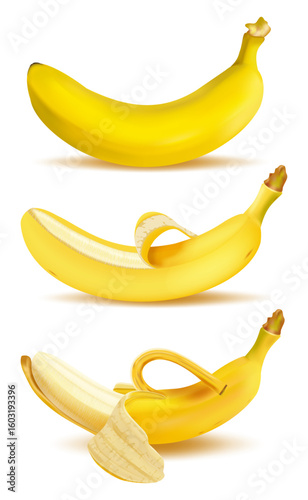 A set of ripe, fresh yellow bananas, whole, with partially and fully peeled peel. Juicy tropical fruits. Close-up. Ideal for commercial web design, collages, print, advertising, packaging, healthy eat
