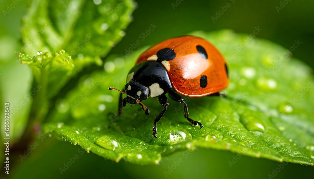 Fototapeta premium Ladybug on a dewy leaf