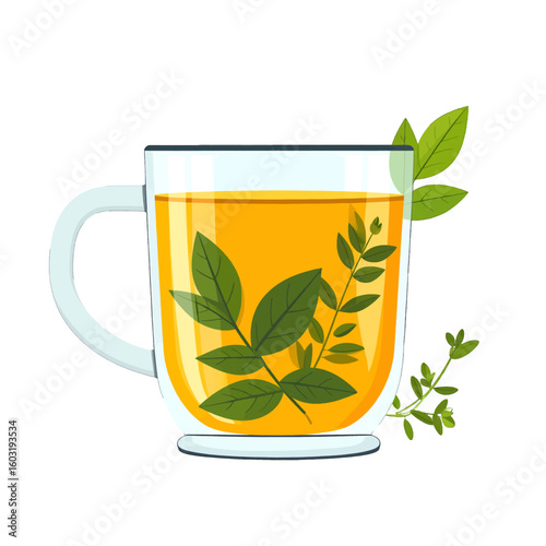Glass Mug Of Herbal Tea With Fresh Leaves