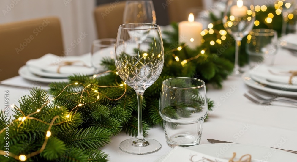 Elegant christmas table setting with festive decorations and sparkling lights Elegant christmas table setting with festive decorations and sparkling lights