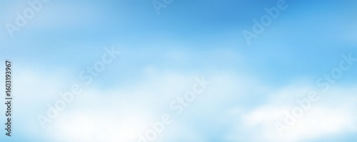 Cloudy daytime sky. Realistic white fluffy cloud textures on light blue sky background. Heaven landscape for summer banner, cover, poster. Concept cloudscape. Overlay effect. Vector illustration