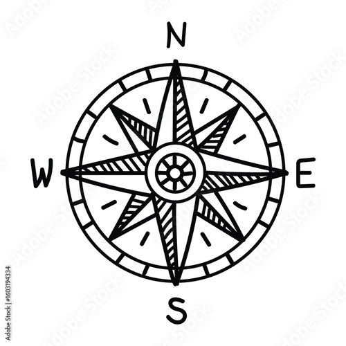 compass rose vector, doodle hand drawn style