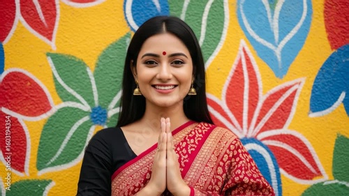 Joyful Indian Woman Offering Namaste Against Colorful Mural generative ai