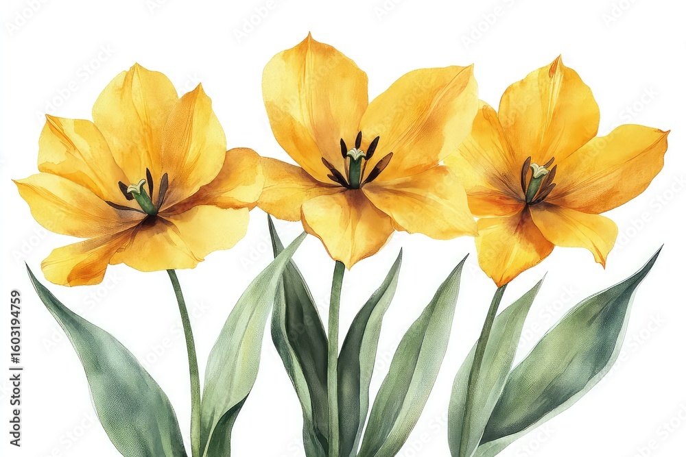 Fototapeta premium Bright yellow tulip flowers in a spring garden, isolated against a clear backdrop