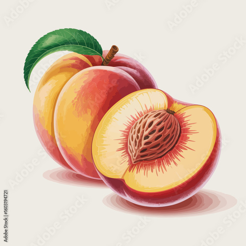 Ripe peaches one whole and one halved with seed