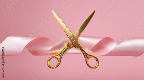 Elegant composition of golden scissors cutting a pink satin ribbon on a soft pink background — symbolizing a grand opening or ceremonial event.

