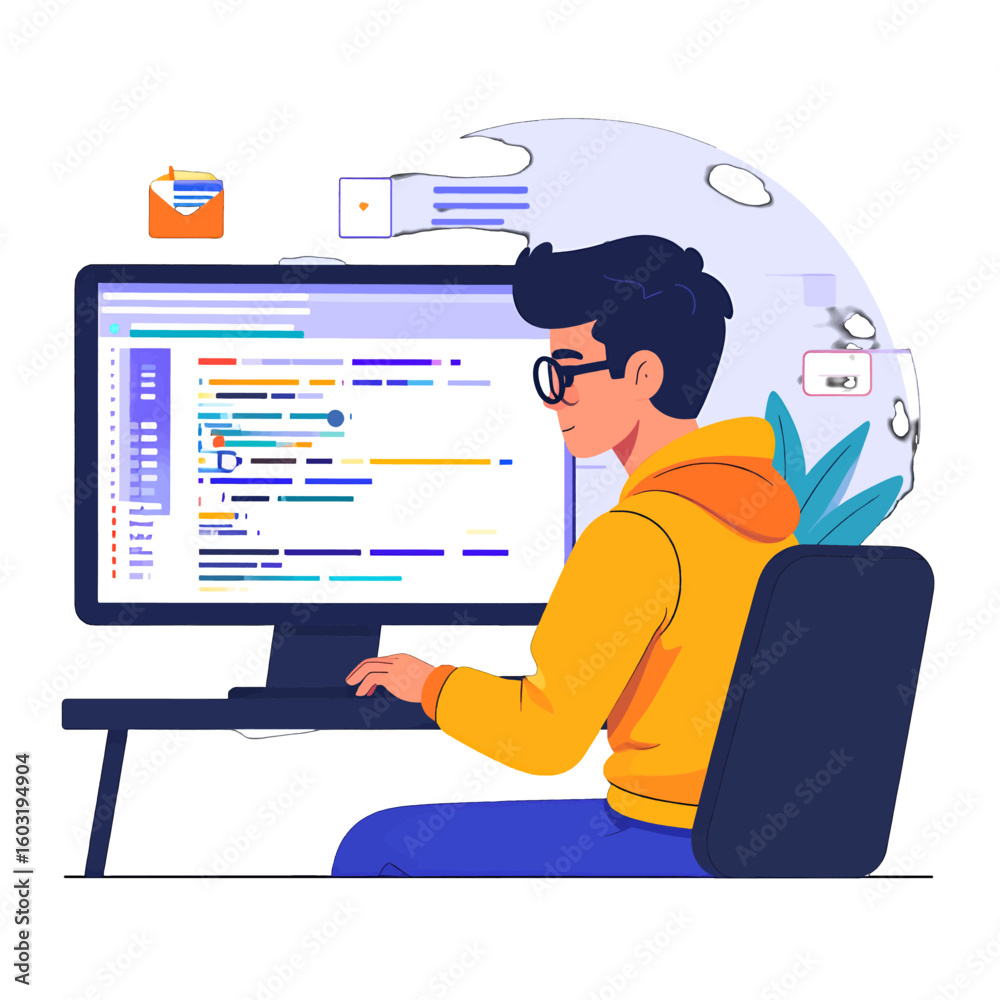 Man Coding on Computer Illustration Man Coding on Computer Illustration