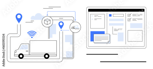 Truck with GPS location pins, wireless connection, smartphone, and digital dashboard panels. Ideal for logistics, operation management, shipping, technology, fleet monitoring supply chain simple