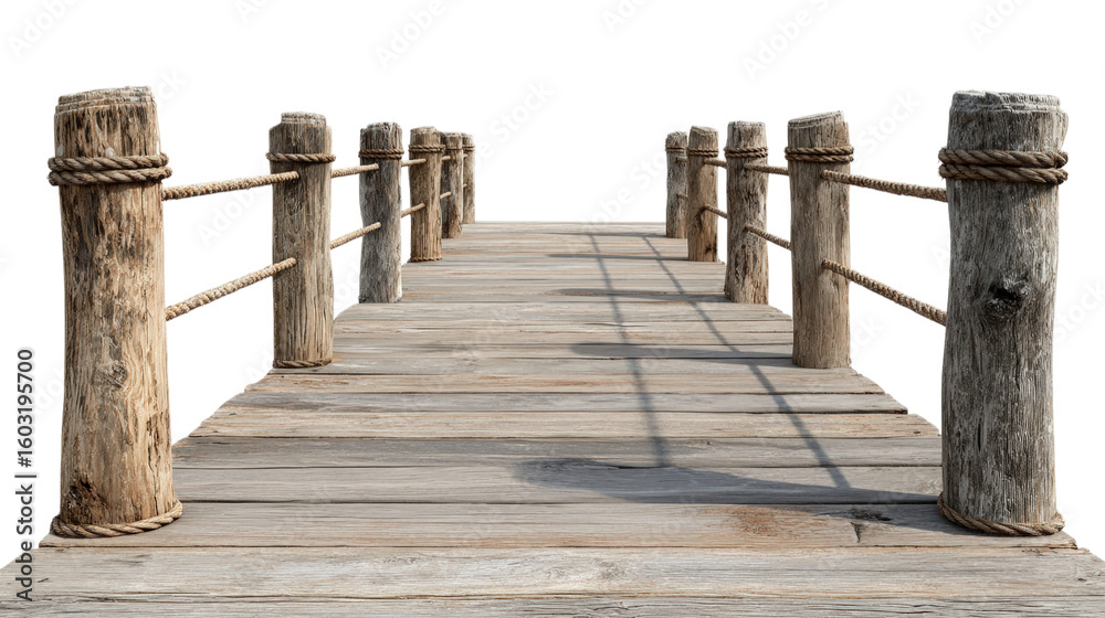 Fototapeta premium Wooden Pier with Rope Railing on Transparent Backdrop
