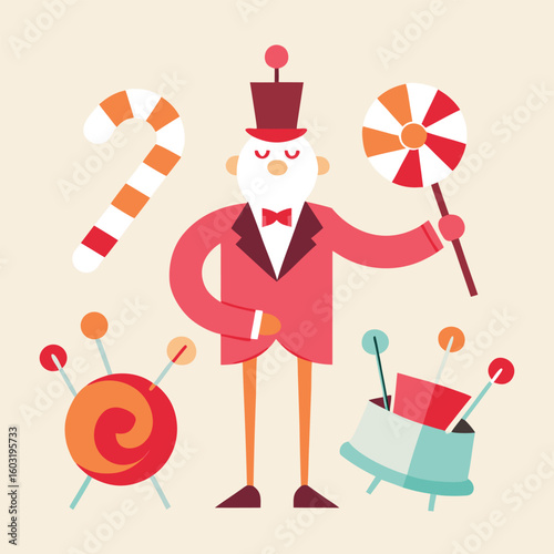 Vector art of festive ringmaster with circus candy and drum illustration