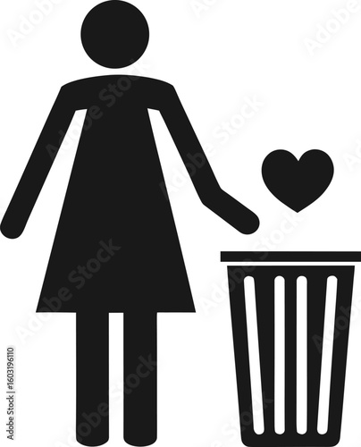 Woman discarding a heart symbol into a trash can icon throw away