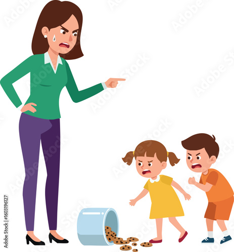 Angry mother scolding two children after spilled cookies with upset expressions vector illustration