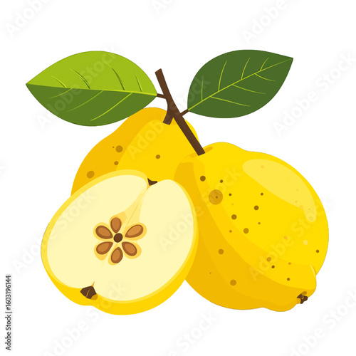 Fresh Yellow Quince Fruit With Leaves