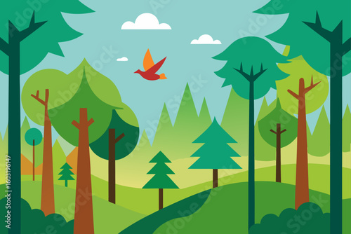 spring forest with birds flying