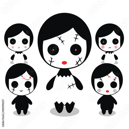 Vector art of five stylized voodoo dolls with stitched details on white background